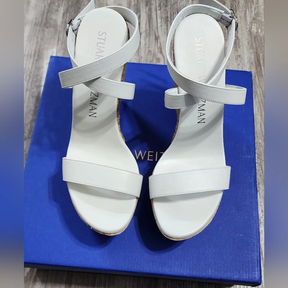 Stuart Weitzman 5050 Wedge Sandal Women's Size 10 White Natural Leather - Picture 3 of 14